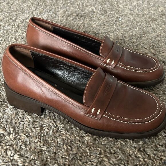Vintage COACH Women’s Brown Leather Loafers Sz 6 Block Heel, Preloved Excellent - Picture 1 of 10